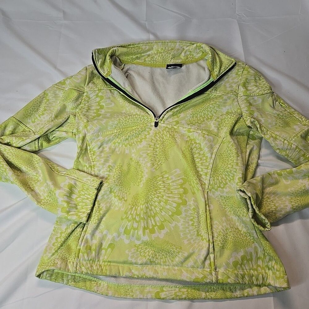 Womens Fleece Lined Sweatshirt L Green 1/4 Zip Floral Pullover Boho Goblincore